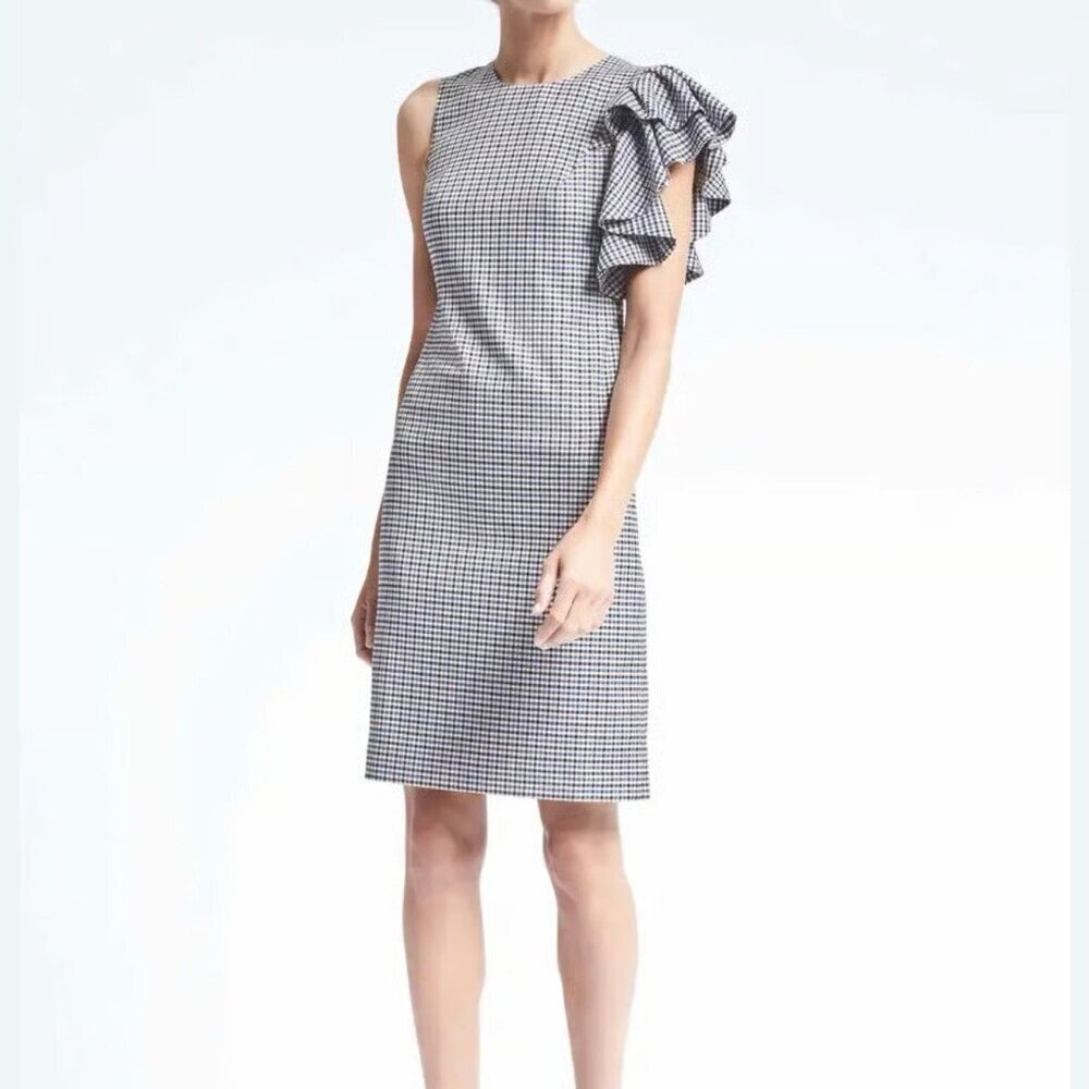 Banana Republic Ruffle Shoulder Brown Blue Black White Plaid Dress P3872